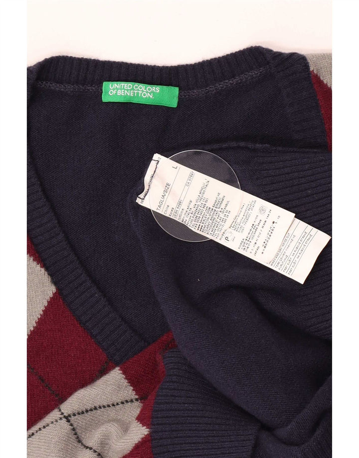 Ανδρικό πουλόβερ Benetton με λαιμόκοψη με λαιμόκοψη μεγάλου μεγέθους Navy Argyle/Diamond Wool