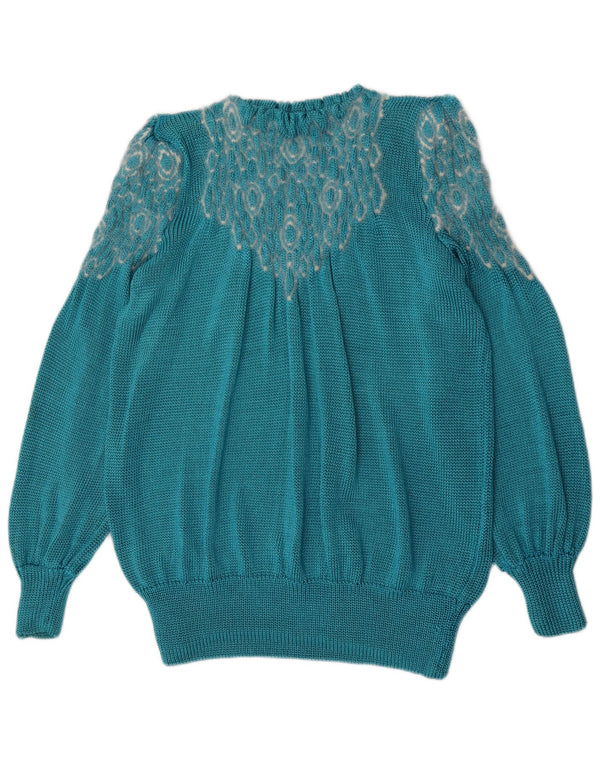 Vintage γυναικείο Abstract Pattern πουλόβερ με λαιμόκοψη UK 14 Large Blue