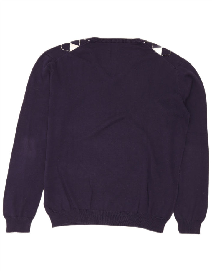 VINTAGE Ανδρικό πουλόβερ με λαιμόκοψη με λαιμόκοψη, μεσαίο μπλε ναυτικό Argyle/Διαμαντέ βαμβακερό