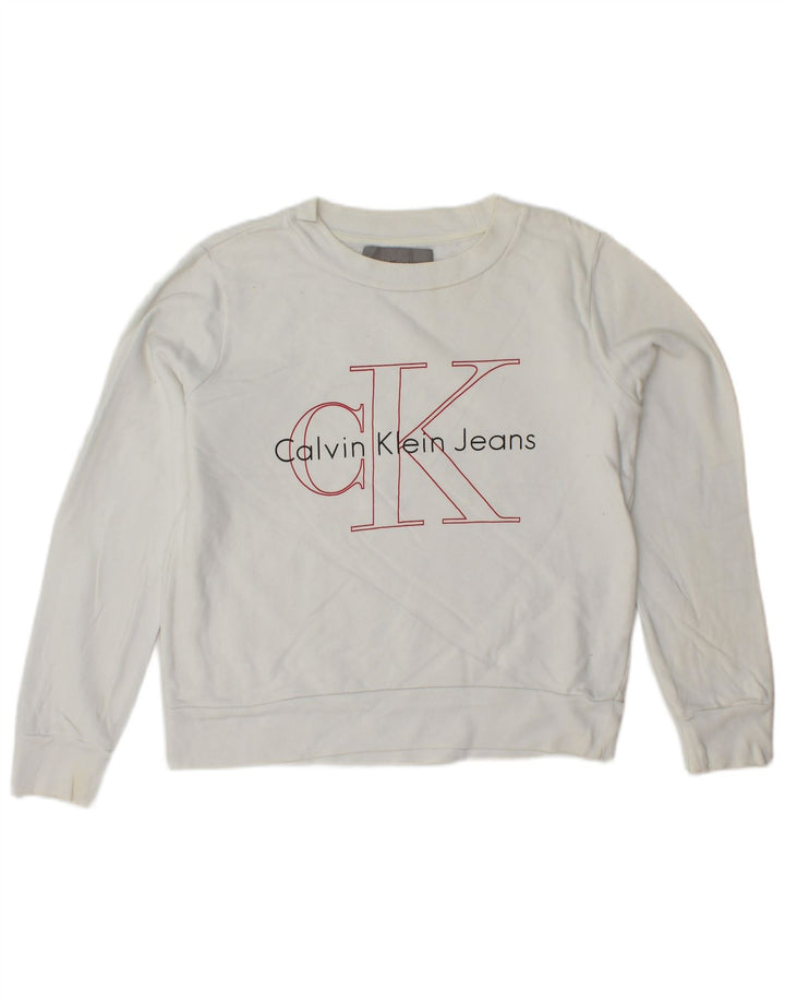 CALVIN KLEIN JEANS Γυναικείο Crop γραφικό φούτερ Jumper UK 6 XS Λευκό