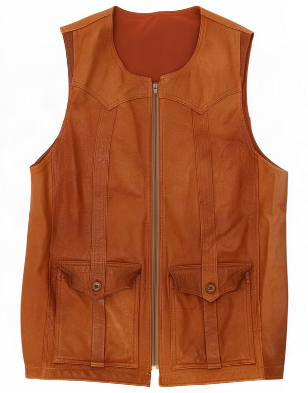 Vintage Mens Leather Gilet UK 38 Medium Brown
