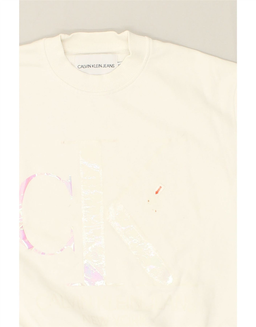 CALVIN KLEIN Womens Graphic Crew Neck Jumper Sweater UK 6 XS White Cotton | Vintage Calvin Klein | Thrift | Second-Hand Calvin Klein | Used Clothing | Messina Hembry 