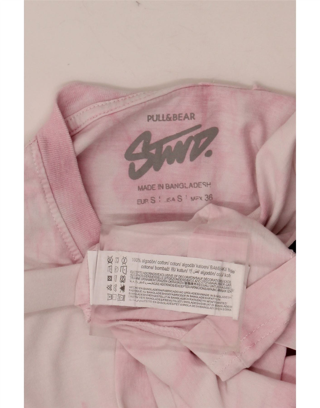 PULL & BEAR Ανδρικό γραφικό T-Shirt Top Μικρό Ροζ Γραβάτα Βαμβακερή