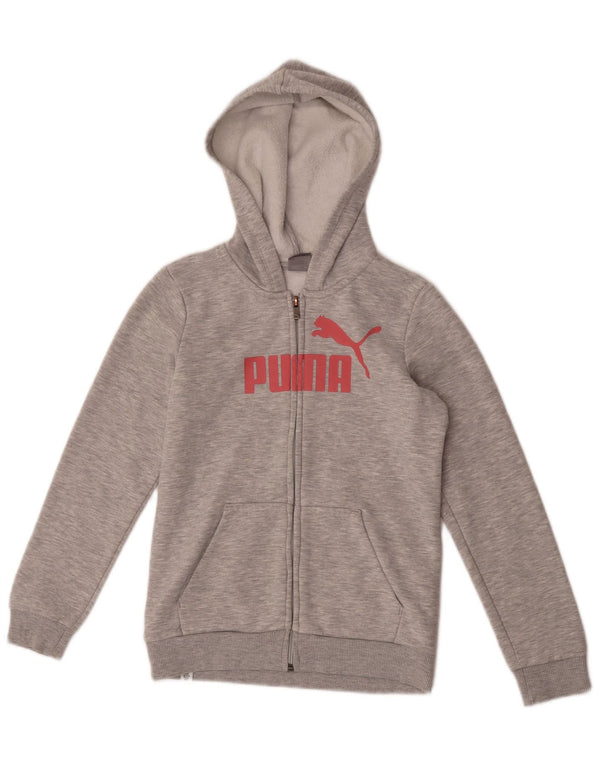 Γραφικό πουλόβερ Puma Girls με κουκούλα με φερμουάρ 11-12 ετών, βαμβακερό γκρι