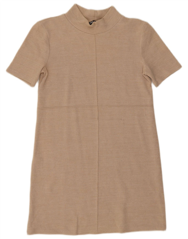 Zara Γυναικείο κοντομάνικο φόρεμα Shift UK 10 Small Beige