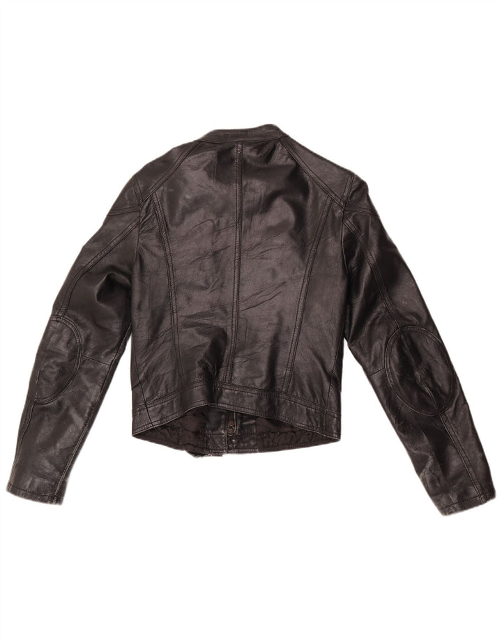 Vintage Γυναικείο Crop Leather Biker Jacket UK 10 Small Black Leather