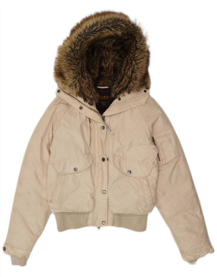 Woolrich Γυναικείο μπουφάν με κουκούλα UK 14 μεσαίο λευκό βαμβακερό