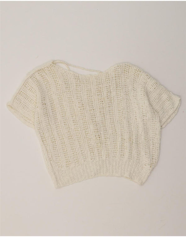 Vintage γυναικείο πουλόβερ με κοντό μανίκι V λαιμόκοψη UK 14 Μεσαίο λευκό