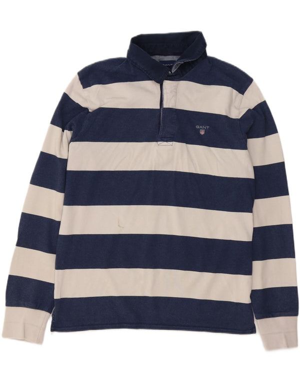 Gant Mens Long Sleeve Rugby Polo Shirt Medium Navy Blue Striped Cotton