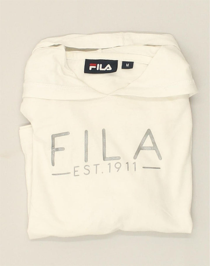 FILA Womens Crop Graphic Hoodie Jumper UK 14 Medium White Cotton | Vintage Fila | Thrift | Second-Hand Fila | Used Clothing | Messina Hembry 