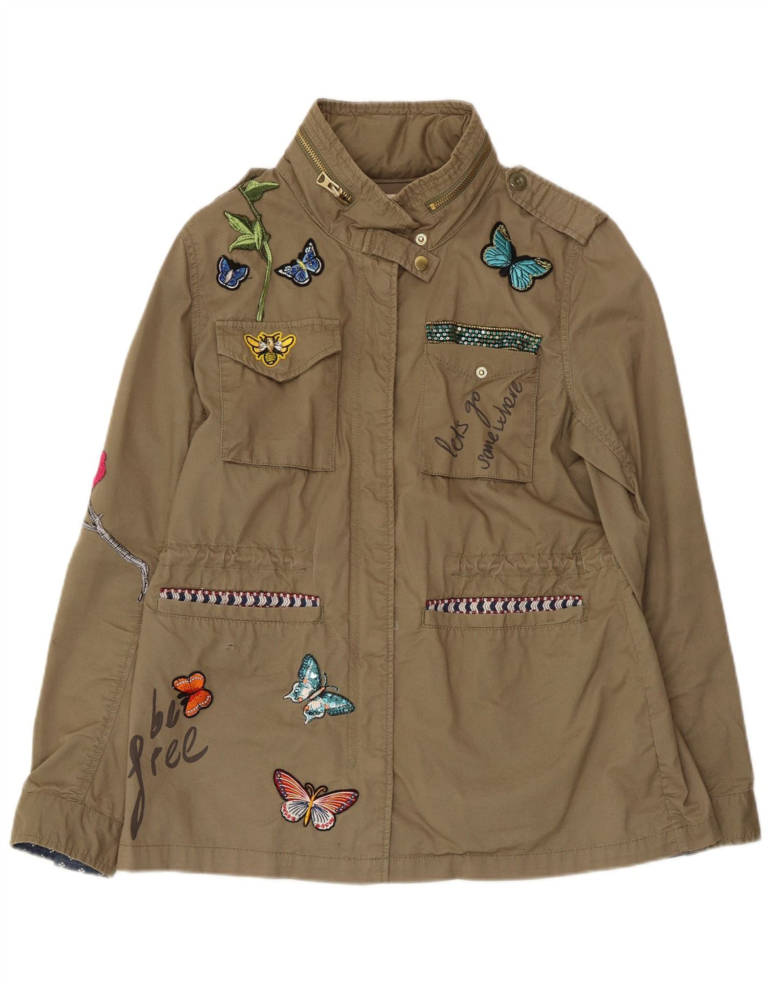 DESIGUAL Γυναικείο γραφικό Military Jacket EU 42 Large Khaki Cotton Butterfly