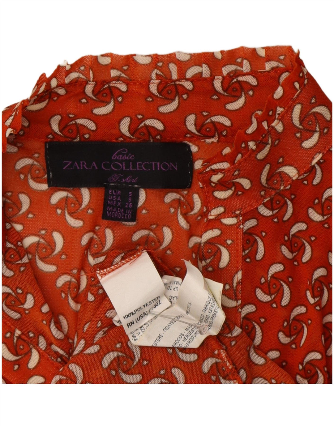 Zara Γυναικεία Abstract Pattern Μπλούζα με κοντό μανίκι UK 8 Small Orange