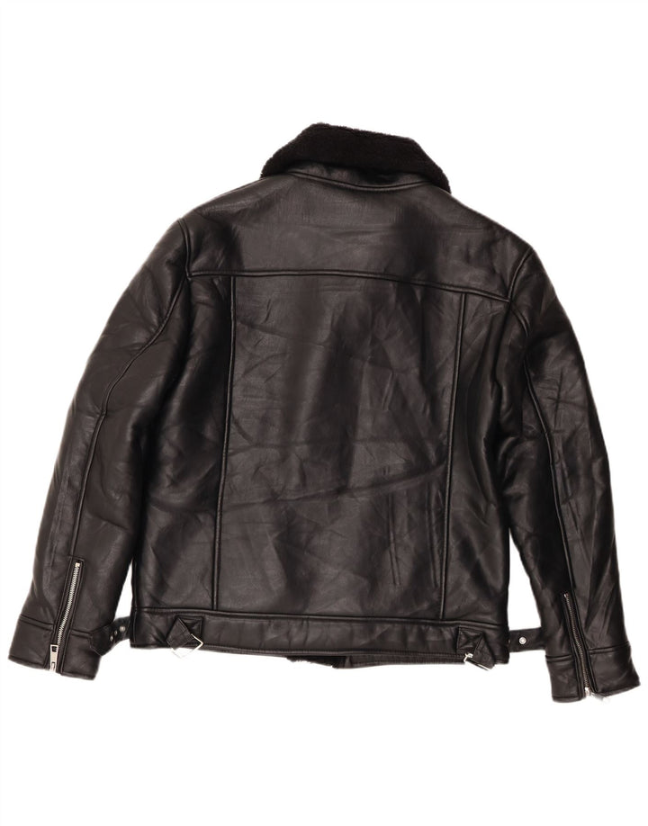 Zara Γυναικείο Sherpa Biker Jacket UK 14 Medium Black Polyester