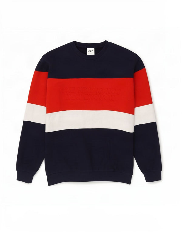 Zara Mens Graphic Sweatshirt Jumper Medium Navy Blue Colourblock Cotton