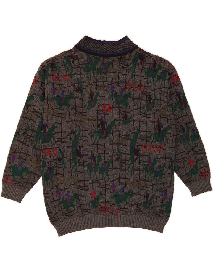 VINTAGE Mens Riding Abstract Pattern V-Neck Jumper Sweater Medium Grey Vintage Vintage and Second-Hand Vintage from Messina Hembry 