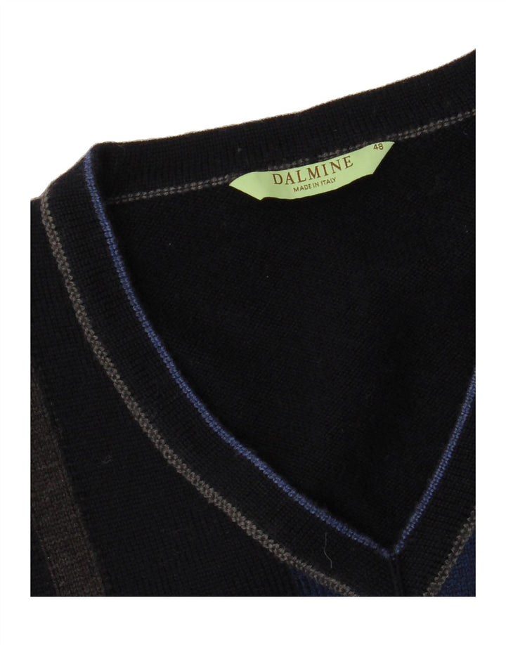 DALMINE Mens V-Neck Jumper Sweater IT 48 Medium Navy Blue Check Vintage DALMINE and Second-Hand DALMINE from Messina Hembry 