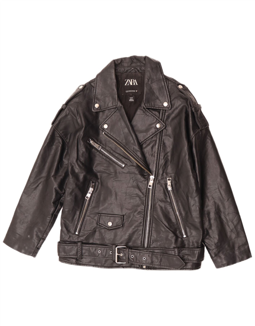 Zara Γυναικείο Μπουφάν Biker από συνθετικό δέρμα Oversized UK 10 Small Black Polyester