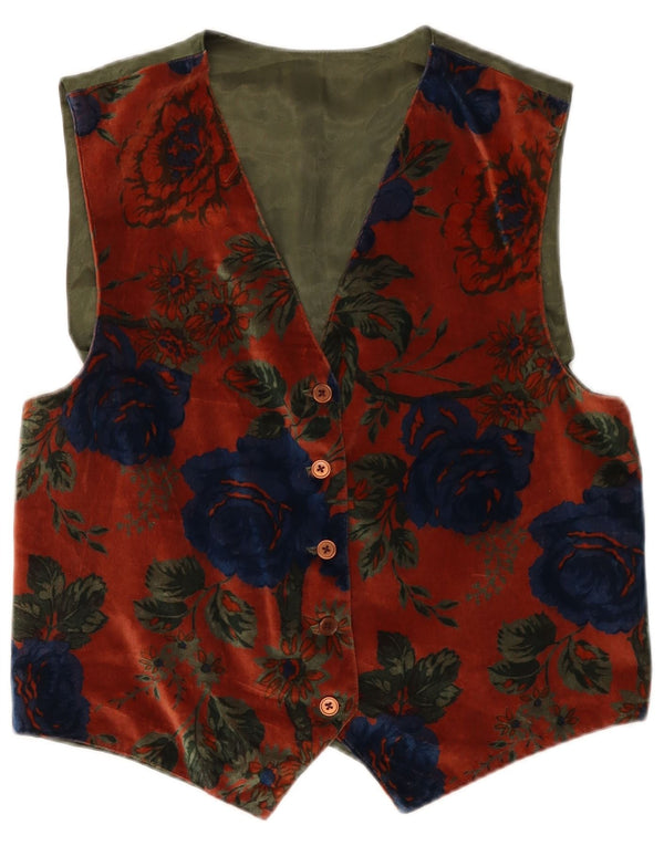 Vintage Γυναικείο Velvet Γιλέκο UK 14 Medium Burgundy Floral