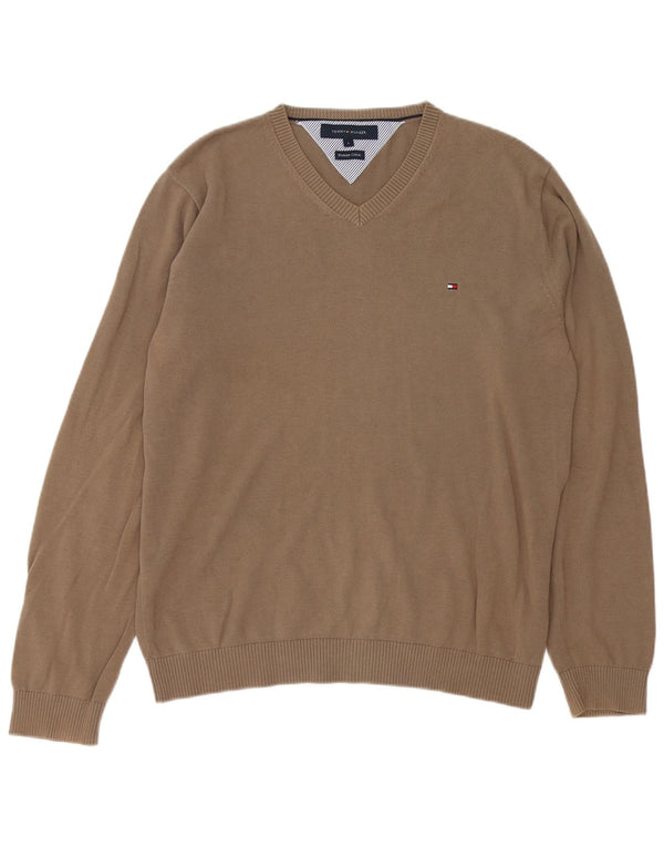 Tommy Hilfiger Ανδρικό πουλόβερ με λαιμόκοψη V-λαιμόκοψη μεγάλο καφέ βαμβακερό