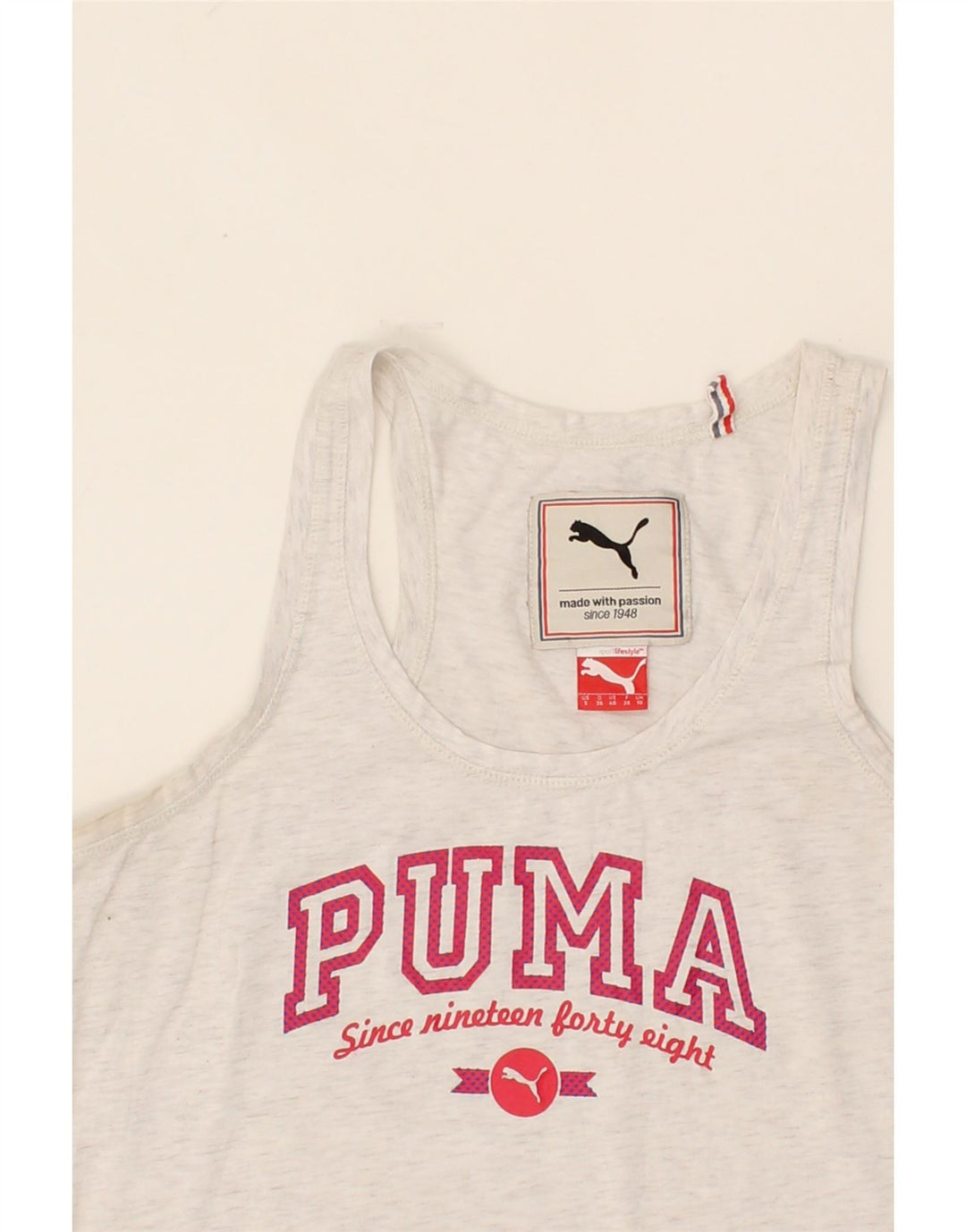PUMA Womens Graphic Vest Top UK 10 Small Grey Cotton Vintage Puma and Second-Hand Puma from Messina Hembry 