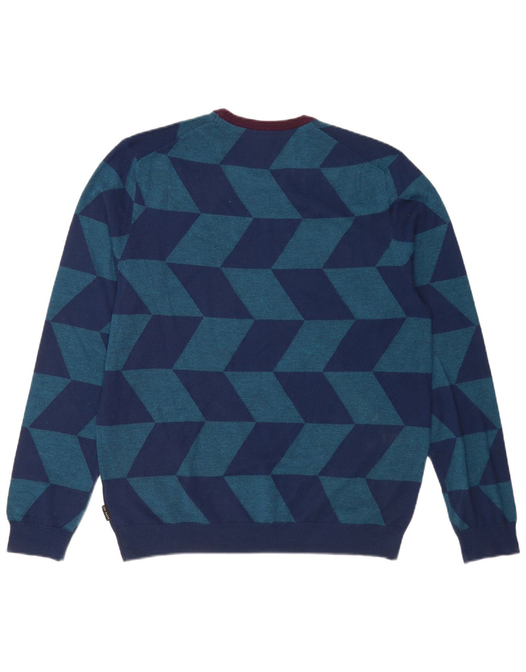 Ted Baker Ανδρικό πουλόβερ με λαιμόκοψη, μέγεθος 5 XL μπλε γεωμετρικό μαλλί