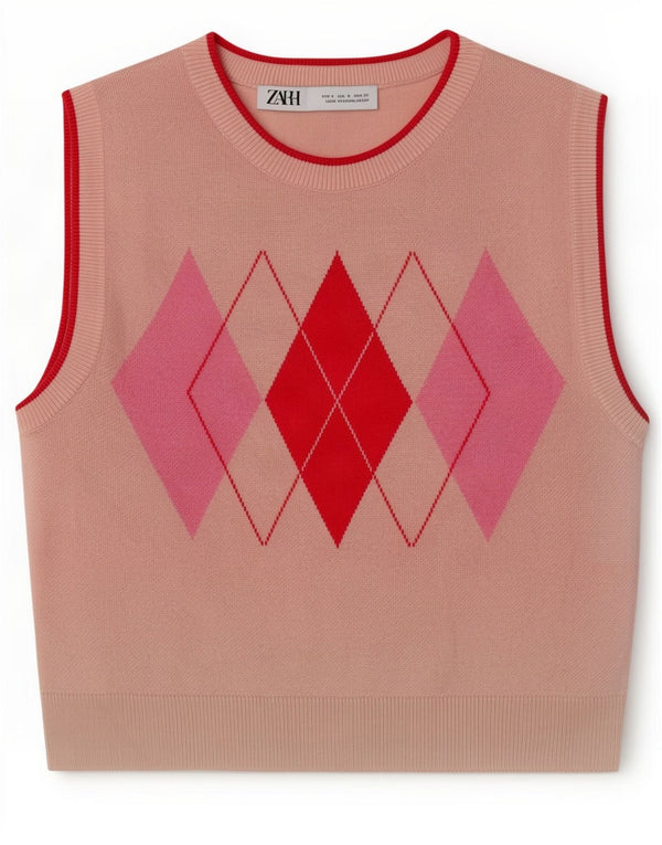 Zara Γυναικείο γιλέκο Crop Tank Top UK 8 Small Pink Argyle/Diamond Viscose