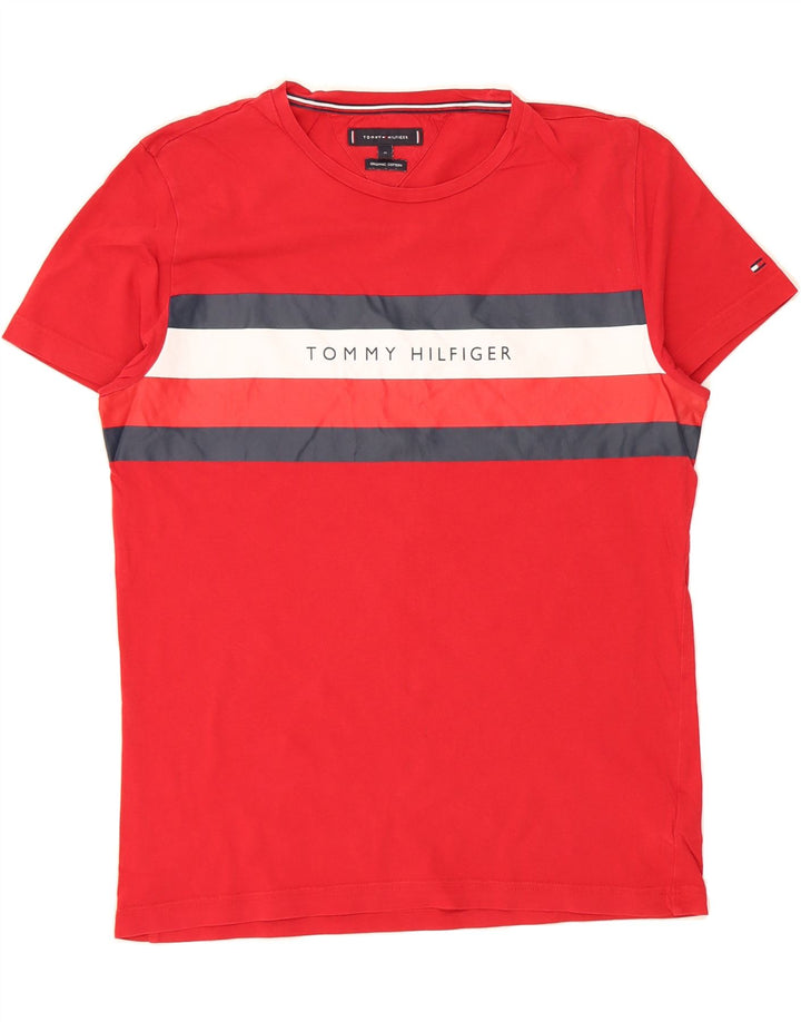 TOMMY HILFIGER Mens Graphic T-Shirt Top Medium Red Striped Cotton Vintage Tommy Hilfiger and Second-Hand Tommy Hilfiger from Messina Hembry 