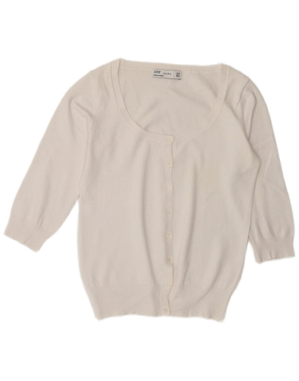 Zara Γυναικείο πουλόβερ ζακέτα με μανίκια 3/4 UK 14 μεσαίο λευκό βαμβακερό