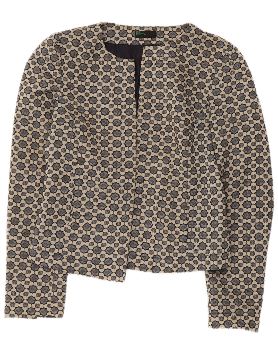 BENETTON Womens Crop Open Blazer Jacket UK 10 Small Grey Floral Polyester