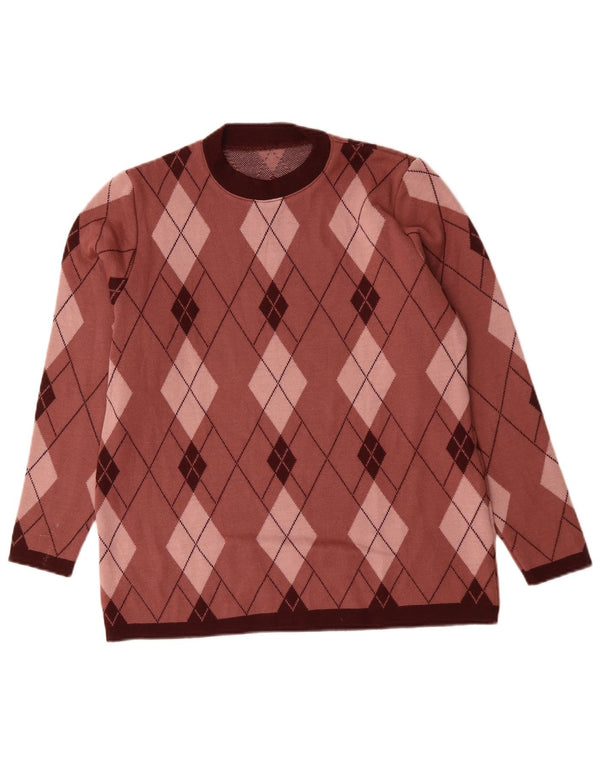 VINTAGE Womens Crew Neck Jumper Sweater UK 16 Large Pink Argyle/Diamond