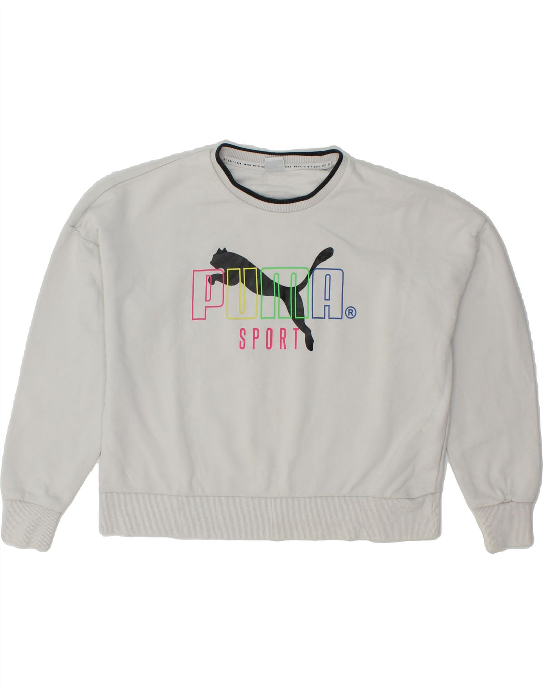 PUMA Womens Oversized Graphic Sweatshirt Jumper UK 14 Medium White Cotton Vintage Puma and Second-Hand Puma from Messina Hembry 