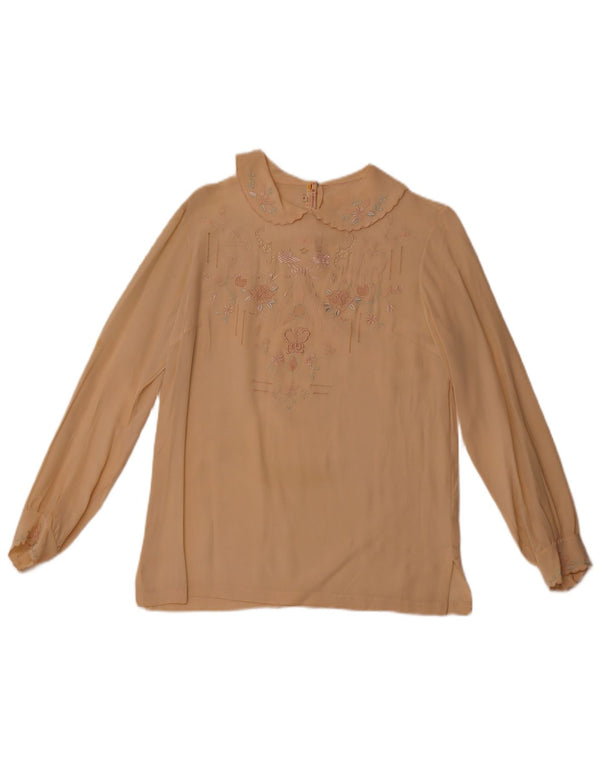 VINTAGE Womens Long Sleeve Shirt Blouse EU 36 Small Beige Floral Silk