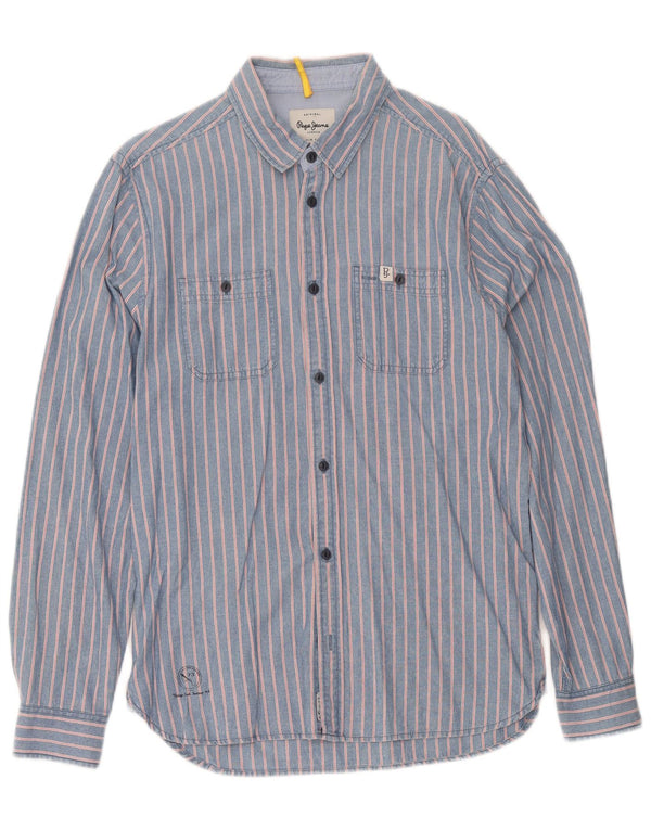 PEPE Jeans Mens Denim Shirt Medium Blue Pinstripe Cotton