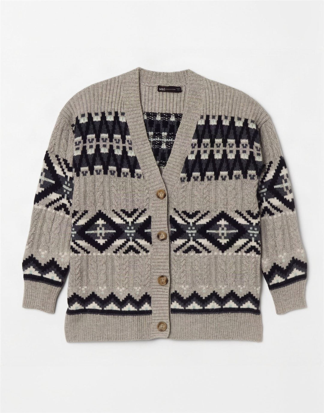 Marks & Spencer Γυναικεία ζακέτα πουλόβερ UK 14 Medium Grey Fair Isle