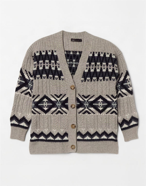 Marks & Spencer Γυναικεία ζακέτα πουλόβερ UK 14 Medium Grey Fair Isle