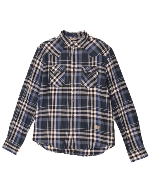 Guess Mens Slim Fit Flannel Shirt UK 40 Medium Navy Blue Plaid Cotton