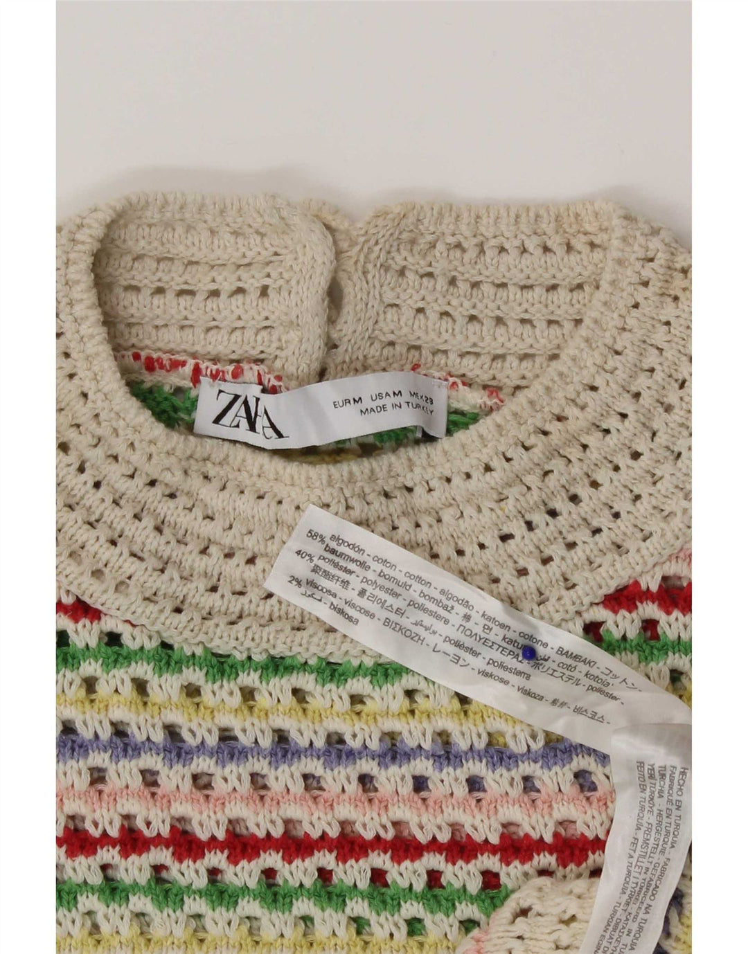 Zara Γυναικείο Crochet Top UK 12 μεσαίο πολύχρωμο βαμβακερό ριγέ
