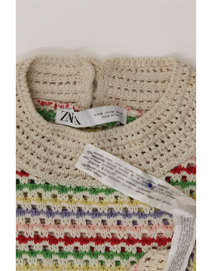 Zara Γυναικείο Crochet Top UK 12 μεσαίο πολύχρωμο βαμβακερό ριγέ