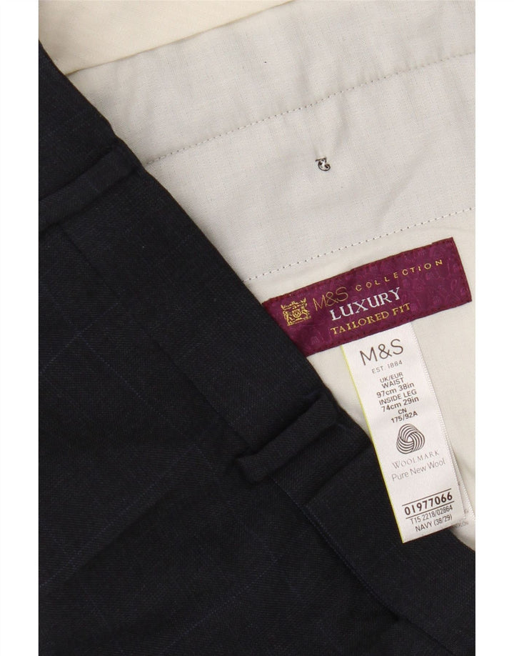 Marks & Spencer Ανδρικό ίσιο παντελόνι W38 L29 Μαλλί καρό μπλε ναυτικό