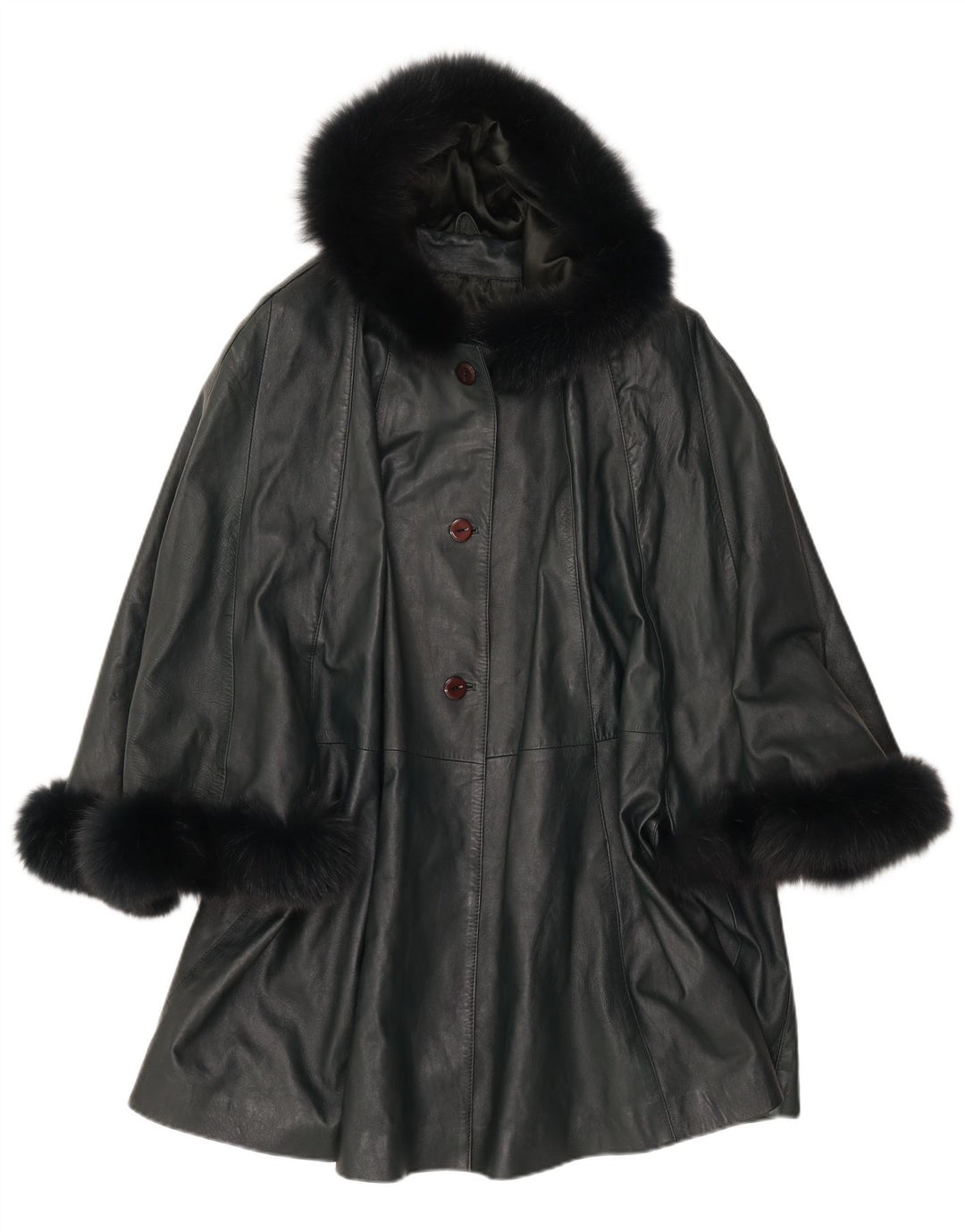 SAKI Γυναικείο Δερμάτινο Παλτό Poncho με κουκούλα UK 10 Small Green Leather