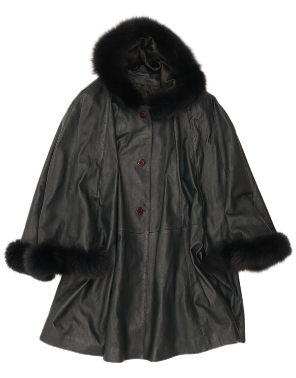 SAKI Γυναικείο Δερμάτινο Παλτό Poncho με κουκούλα UK 10 Small Green Leather