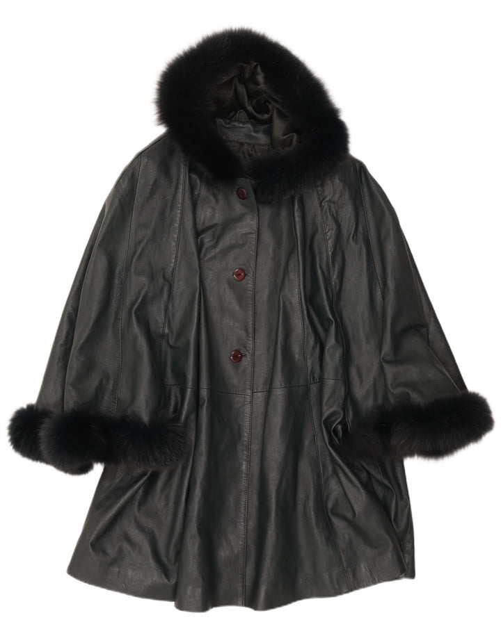 SAKI Γυναικείο Δερμάτινο Παλτό Poncho με κουκούλα UK 10 Small Green Leather