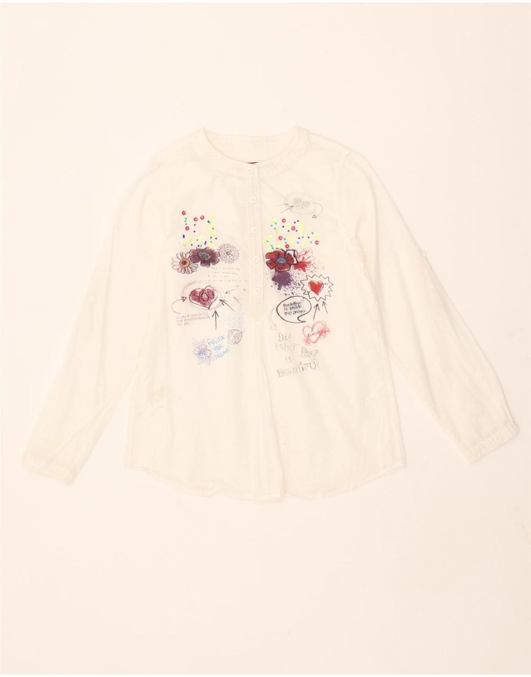 DESIGUAL Girls Graphic Pullover Shirt 9-10 Years White Floral Cotton Vintage Desigual and Second-Hand Desigual from Messina Hembry 