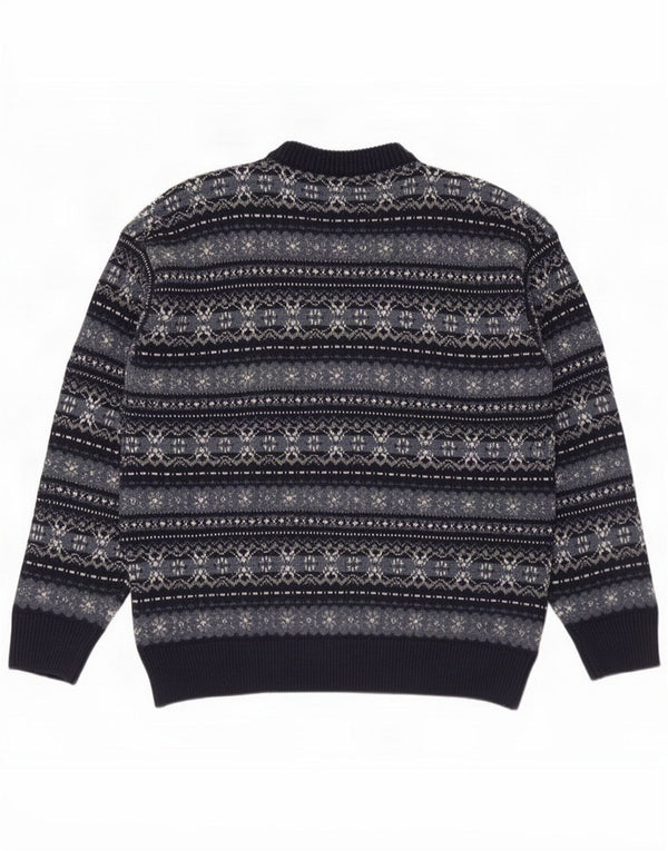 Nick Taylor Mens Crew Neck Jumper πουλόβερ XL Navy Blue Fair Isle Acrylic
