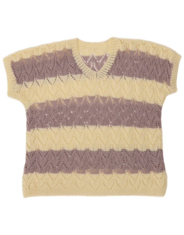 VINTAGE Γυναικείο πουλόβερ με κοντό μανίκι V λαιμόκοψη UK 16 Μεγάλο Μωβ