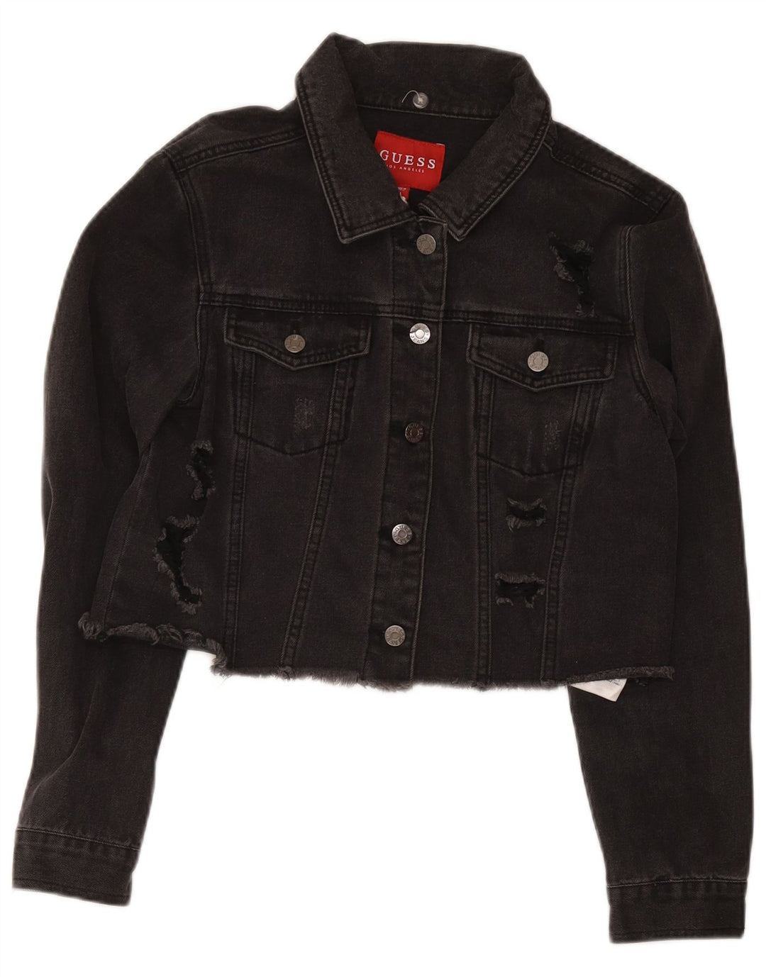 Guess Womens Distressed Crop Τζιν μπουφάν UK 12 Medium Black Cotton