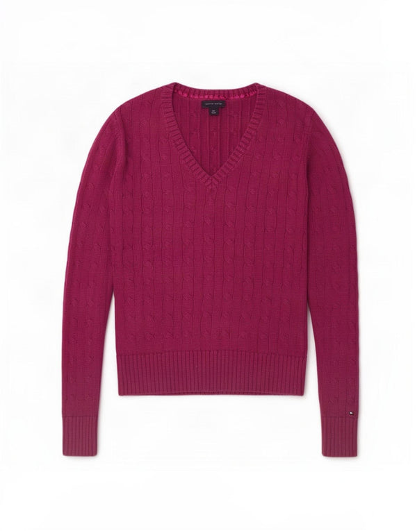 Tommy Hilfiger Womens V-Neck Jumper Sweater UK 10 Small Maroon Cotton