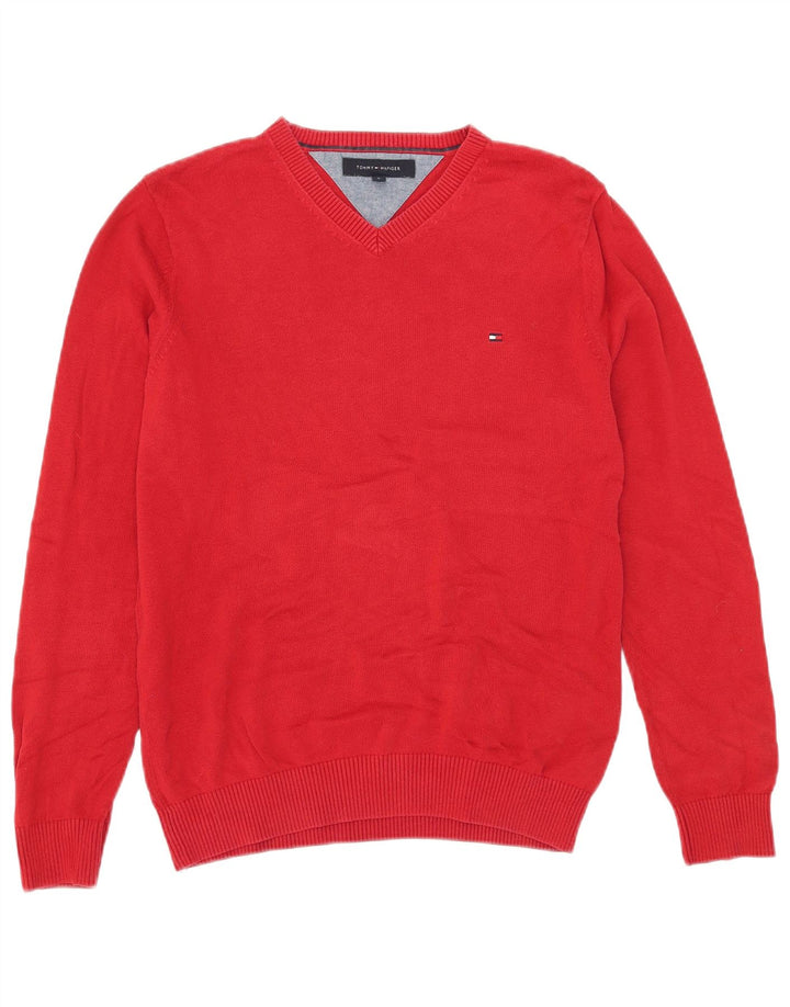 Ανδρικό πουλόβερ Tommy Hilfiger με V λαιμόκοψη, μικρό κόκκινο βαμβακερό