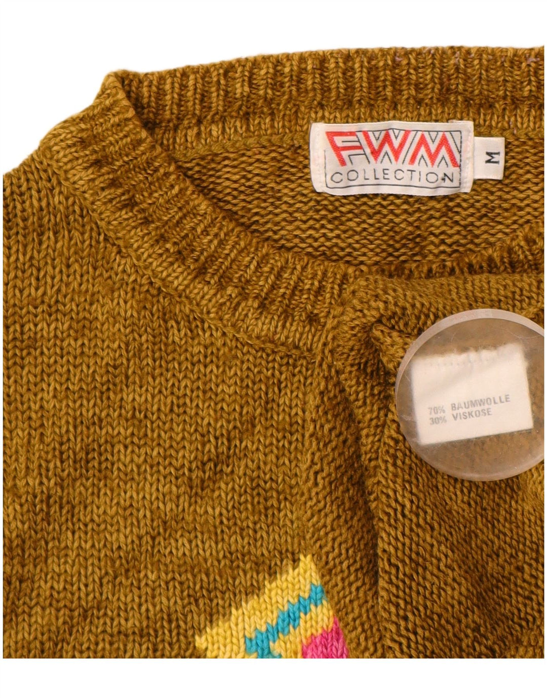 VINTAGE Γυναικείο πουλόβερ με λαιμόκοψη UK 14 Medium Khaki Argyle/Diamond