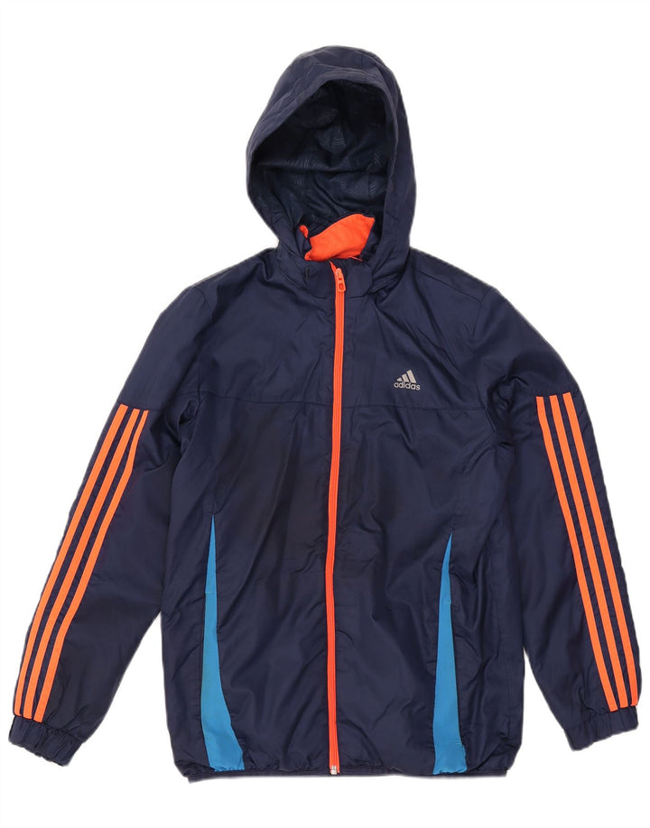 ADIDAS Girls Hooded Windbreaker Jacket 13-14 Years Navy Blue Colorblock